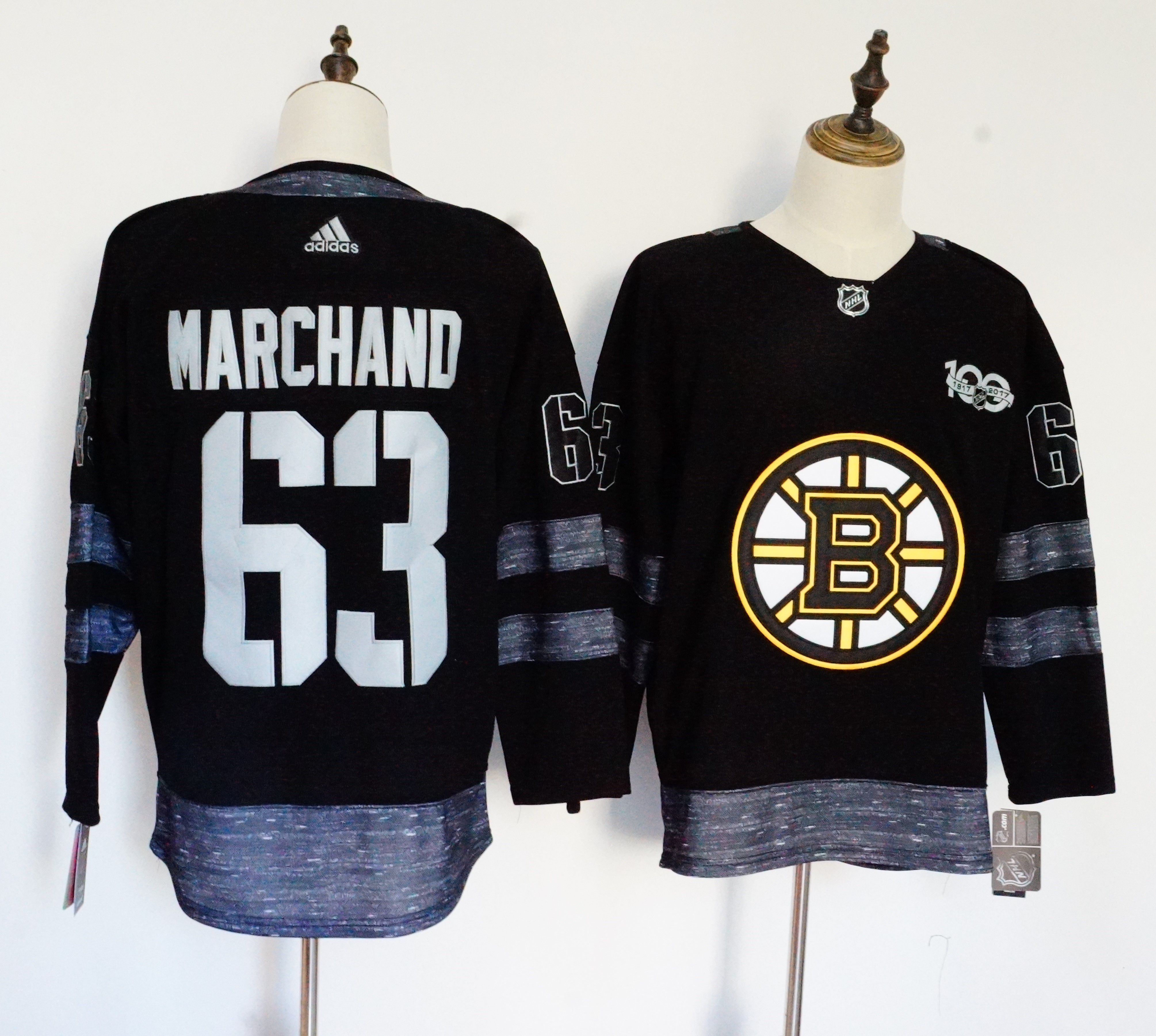 Men Boston Bruins 63 Marchand Black 100th Anniversary Stitched Adidas NHL Jerseys